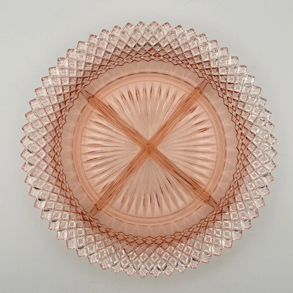 Vintage Pink Depression Glass Divided Relish Dish Diamond Sawtooth Rim 8.75‎